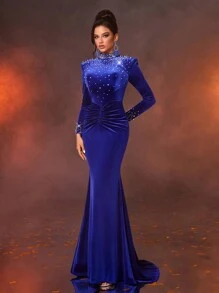 Glamrae Elegant Navy Velvet Long Sleeve Evening Gown With Padded Shoulders, Waist Pleats And Fish Tail Train, Formal Prom Dress, For Wedding Guest, Graduation, Dinner, Party Dress