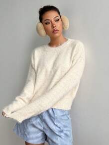 SHEIN Unity Damen einfarbiger Rundhals Langarm minimalistischer Lässig Pullover, Strickpullover Herbst Winter - Aprikosenfarben - Übersicht 3
