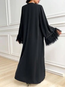 Al Najma 2 件套女士套装 - 纯色流苏长夹克和豹纹连衣裙，时尚秋季服装 2 件套 - 黑色 - 查看 6