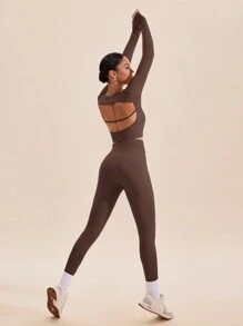 VARSITIE Dames effen kleur ronde hals lange mouw crop top & legging sportset