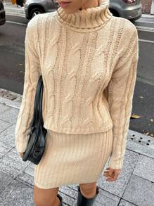 Chiquease Nouveau ensemble deux-pièces pour femme, robe pull moulante à col Top, élégant et chic, automne/hiver - Kaki - Voir 4