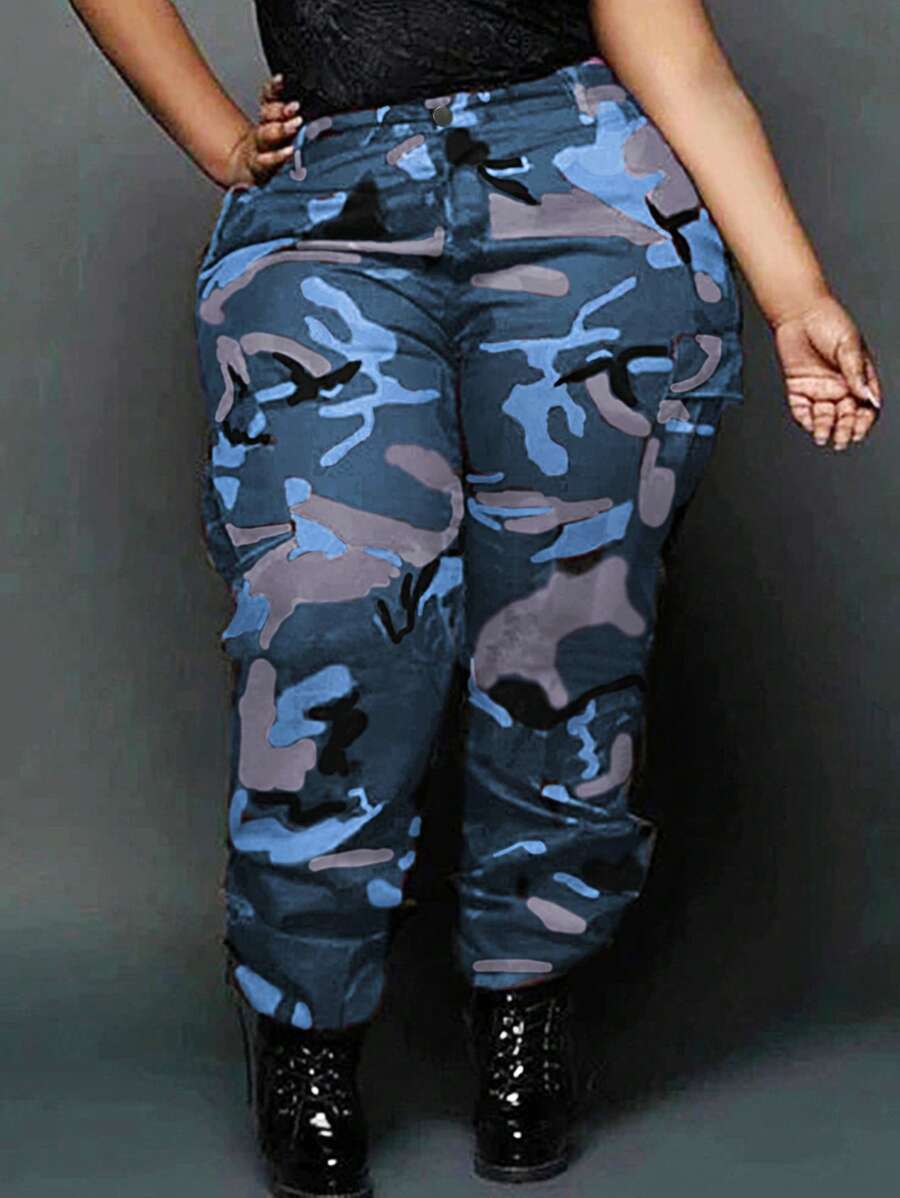 Plus Size Women Casual Versatile Camouflage Pocket Cargo Pants - Màu xanh lam - Xem 1