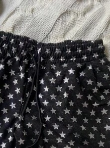 INAWLY Women Casual Full Print Star Pattern Drawstring Waist Shorts, Summer - Black - View 3