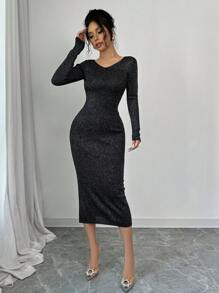 Chiquease Long Sequin Metallic Sheen Backless Sweater Dress For Women Fall Cloth For Women - Black - View 6