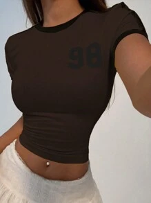 StreetHx Women Crew Neck Short Sleeve Cropped Casual Numeric & Letter Print Fitted T-Shirt Graphic Tees Women Tops