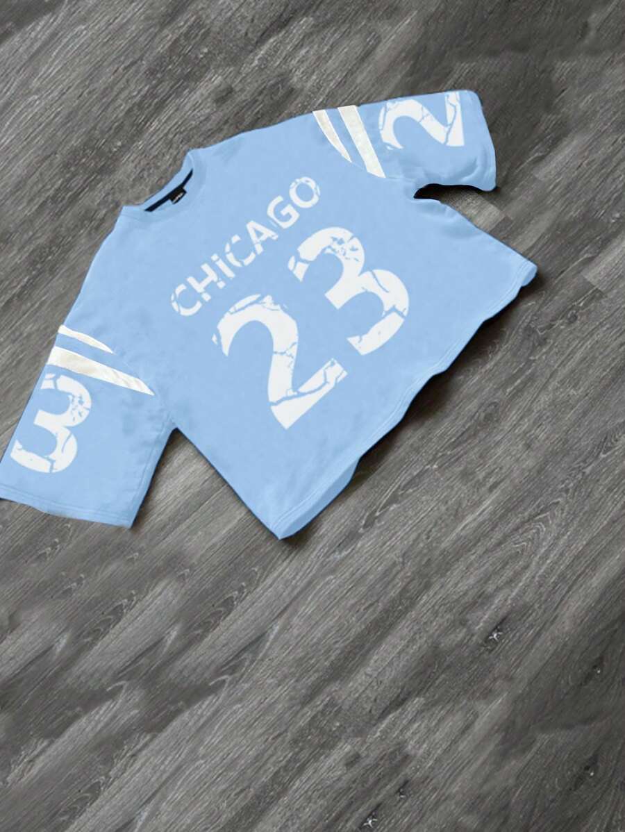 Aesthetic Post Herren Lässiges minimalistisches Kontrast Farb Buchstaben & Ziffern Muster Fußball Trikot Stil T-Shirt - Babyblau - Übersicht 1