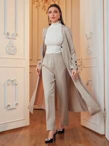 Seusyu 2pcs Women Solid Single-Breasted Long Sleeve Long Jacket And Pants Set, Elegant Style For Autumn 2 Pieces Set Fall Cloth For Women - Khaki - View 4