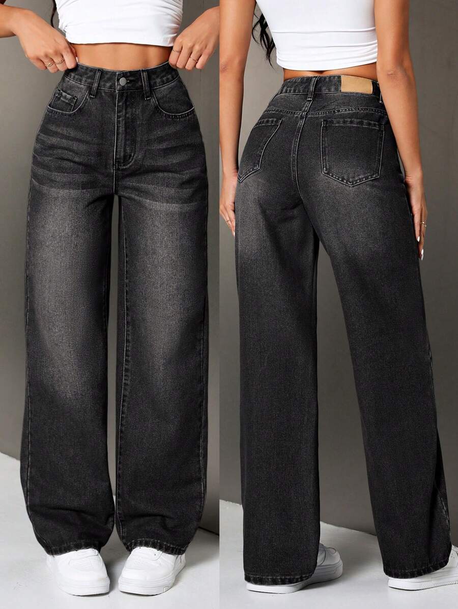 SHEIN Tall 女士前扣口袋简约牛仔裤，日常休闲 - 淺灰色 - 查看 1