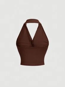 SHEIN MOD 女士纯色挂脖式无袖前扣休闲背心 - 咖啡棕 - 查看 2