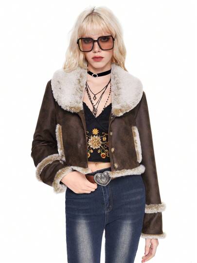 Fairycore Women Vintage Dystopian Y2K Western Shearling & Suede Patchwork Regular Fit Casual Jacket