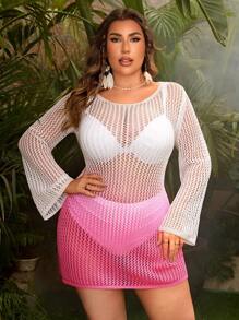 SHEIN Swim Curve 加大码镂空针织渐变色性感露背沙滩罩衫连衣裙夏季 - 彩色 - 查看 2