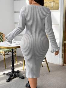 SHEIN LUNE Plus Size Women Solid Color Faux Pearl Cuff Crew Neck Sweater Dress, For Winter - Grey - View 2