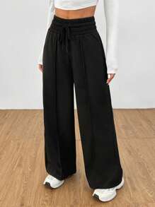 SHEIN PETITE 净色抽绳腰部阔腿运动裤 - 黑色 - 查看 2