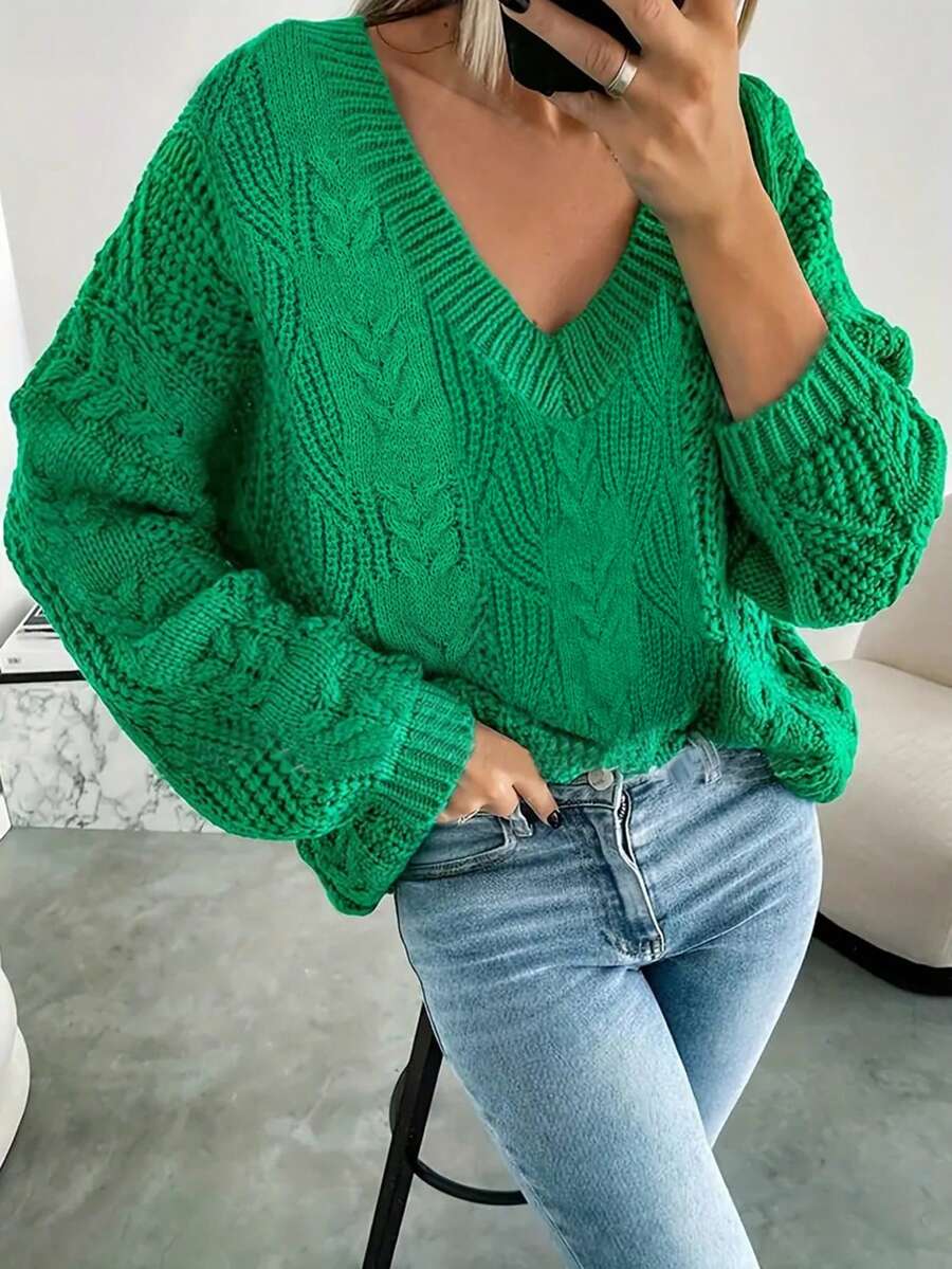 Women Casual V-Neck Solid Color Long Sleeve Simple Knit Sweater For Daily Wear - Green - View 1