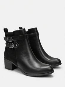 CUCCOO BIZCHIC Fashionable Basic Comfy Commuting Black Faux Suede Patchwork Block Heel Ankle Boots For Christmas And New Year Holiday Vibe Fall And Winter Valentines - Black - View 9