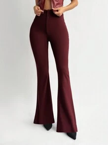 Aloruh Women's New Autumn/Winter Flare Leg High Waist Wine Red Maxi Pants - Burgundy - View 1