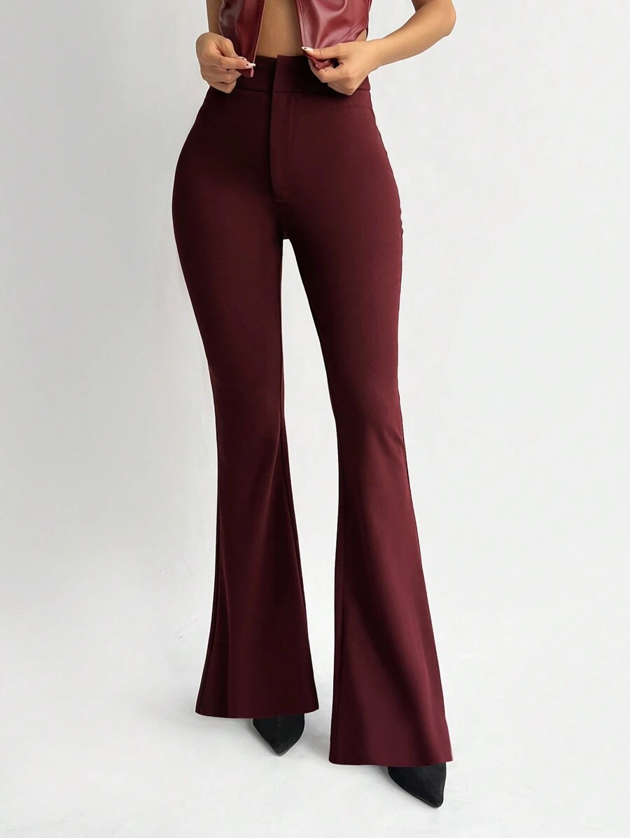 Aloruh Women's New Autumn/Winter Flare Leg High Waist Wine Red Maxi Pants - Burgundy - View 1