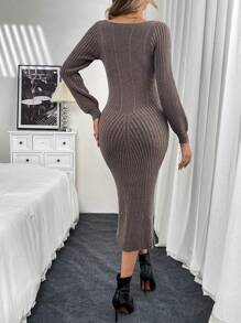 SHEIN Clasi Square Collar Knitted Long Dress, Cinched Waist Waist, Versatile Sweater Dress For Women