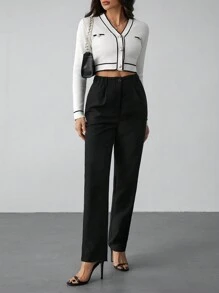 SHEIN Tall 休闲通勤简约高腰黑色裤子 - 黑色 - 查看 5