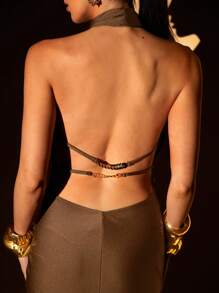 Lumalex 结婚纪念日春节派对季节情人节冬季感恩节服装新年前夜狂欢节正式舞会礼服，音乐会派对宴会高领金属链露背连衣裙套装，晚礼服 - 卡其色 - 查看 5