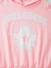 SHEIN 2 件套青少年女孩深色朋克风格图案印花连帽衫和裤子套装，休闲 - 粉色 - 查看 5