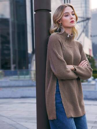 BizChic 女士高领毛衣，咖啡色长袖时尚套头衫，女士办公室服装，春夏