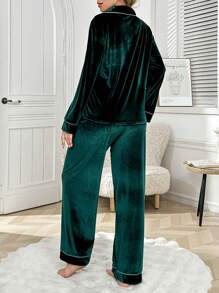 LuxeNights Contrast Color Trim Pocket Long Sleeve & Pants Velvet Fluffy Pajama Set, Fall Winter Clothes