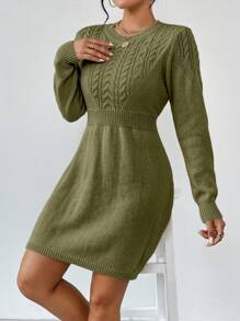 Chiquease Crew Neck Twist Pattern Casual Versatile Long Sleeve Knit Sweater Dress