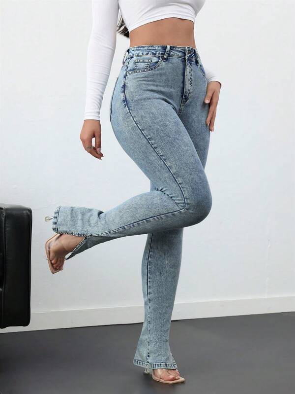 SHEIN Tall Blugi de damă skinny stretch din denim, cu tiv cu fante, albastru