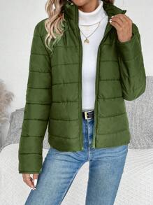 SHEIN LUNE 1 件装女士纯色前拉链长袖休闲加厚棉服外套冬季 - 軍綠色 - 查看 6