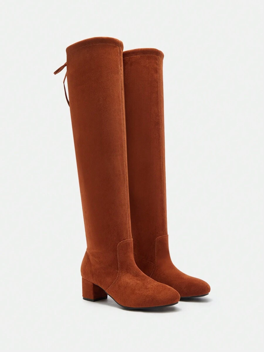 CUCCOO CURVES 2024 Autumn Fall Winter New Wide Fit Retro British Style Chunky Heel Mid-Calf Boots, Front Lace Up High Heel Fashion Women Boots For Christmas And New Year Holiday Vibe Fall And Winter - Brown - View 1