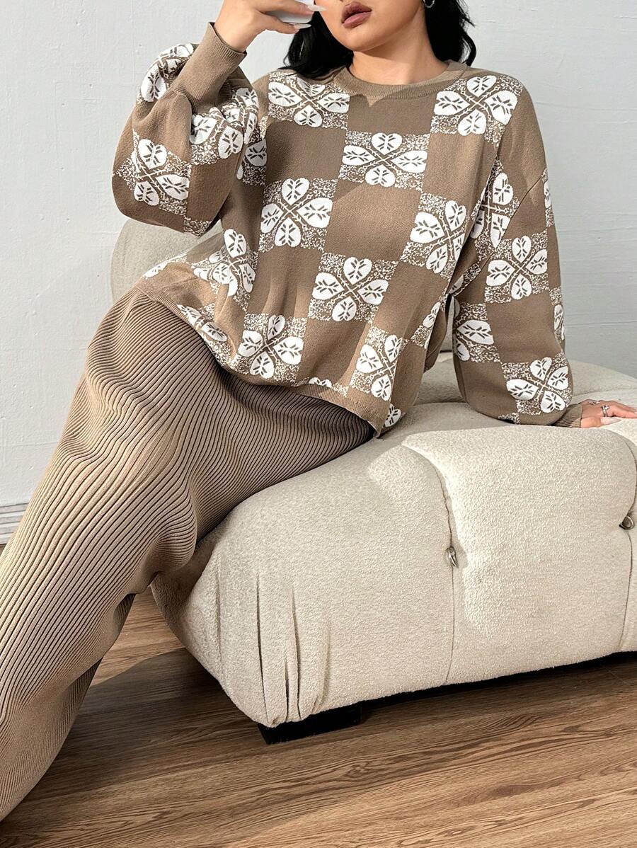 Mulvari Plus Size Elegant Plant Pattern Dropped Shoulder Loose Lantern Sleeve Pullover Sweater And Slim Fit Skirt Two Pieces Set 2 Pieces Set - Multicolor - View 1