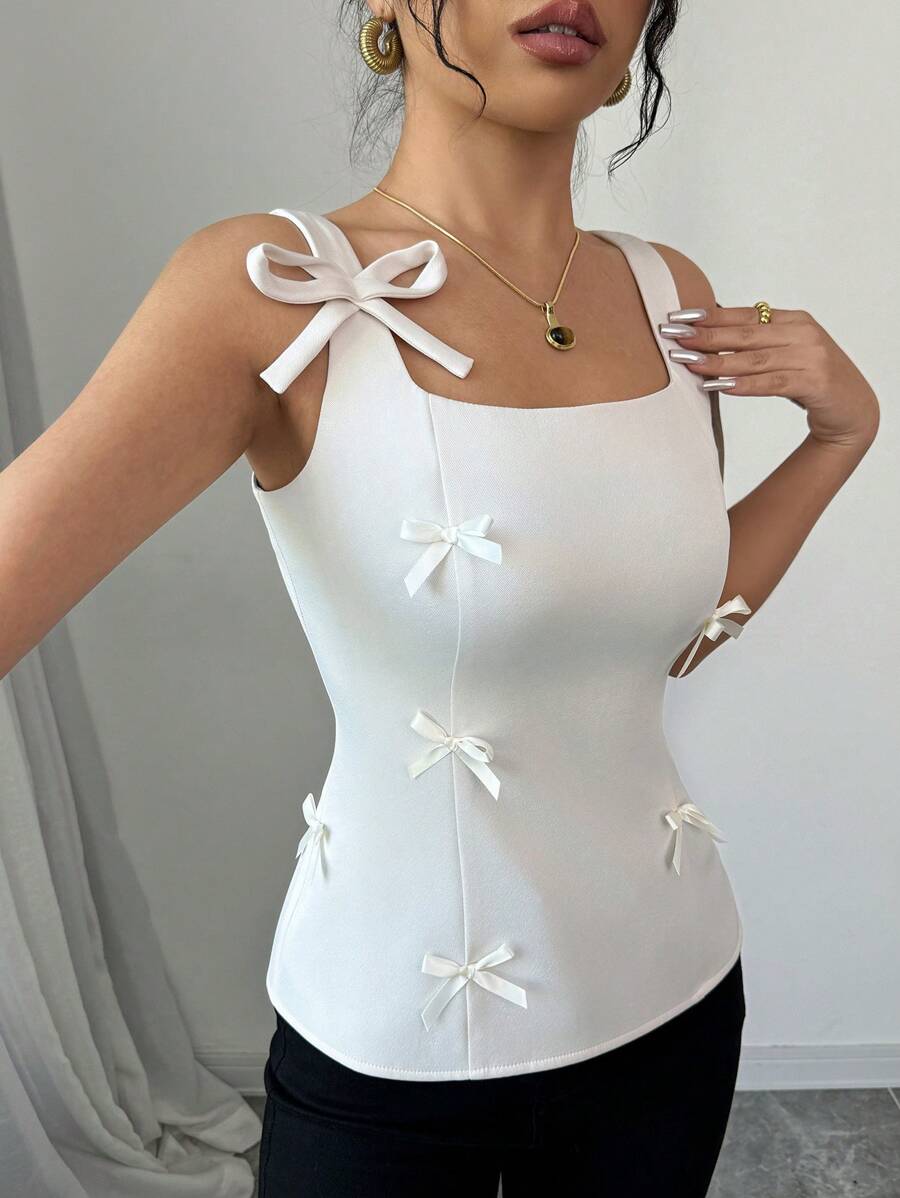 Elenzga 蝴蝶结装饰修身款前拉链背心 - 奶油色 - 查看 1