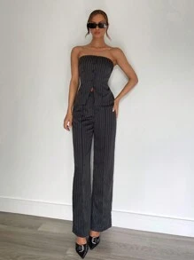 SHEIN Essnce Bộ vest sọc không quai cho nữ, Trang phục giáo viên, Trang phục công sở, Bộ vest nữ, Trang phục hai mảnh, Trang phục công sở thường ngày cho phụ nữ, Bộ đồ hai mảnh mùa thu, Cổ điển, Váy mùa thu cho nữ, Váy trang trọng cho nữ - Màu xám đen - Xem 4