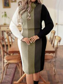 Calvaya Plus Size Autumn/Winter Casual Color Block Striped Bodycon Sweater Dress - Khaki - View 4