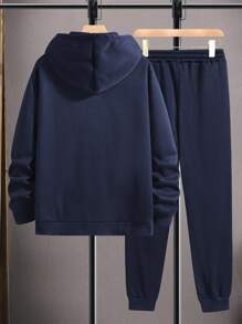 SHEIN Cottnline Men Letter And Bear Printed Regular Hoodie & Pants Set - Navy Blue - View 2