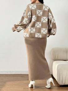 Mulvari Plus Size Elegant Plant Pattern Dropped Shoulder Loose Lantern Sleeve Pullover Sweater And Slim Fit Skirt Two Pieces Set 2 Pieces Set - Multicolor - View 2