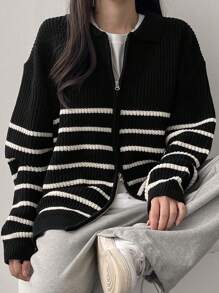 DAZY Women Striped Color Block Zip Up Cardigan,Fall Clothes - Black and White - View 8