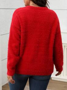 SHEIN LUNE Suéter de cuello redondo casual con estampado de letras de manga larga para mujer de talla grande, suéter de punto de otoño/invierno - Rojo y blanco - Ver 2