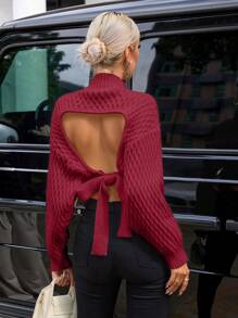 SHEIN Privé Women's Autumn/Winter Casual Backless Twist Dropped Shoulder Long Sleeve Cropped Sweater