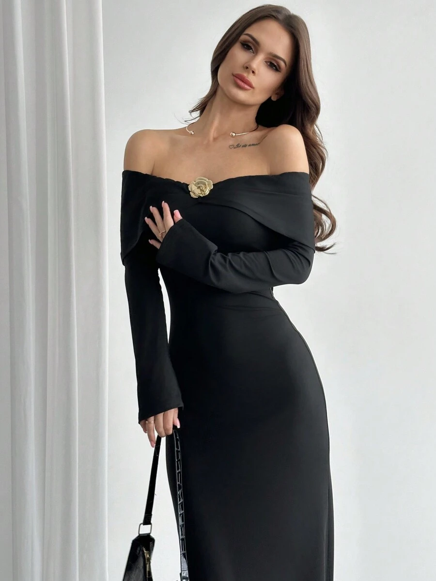 Firerie Đầm dài màu đen bó sát hở vai tay loe trang trí kim loại thanh lịch cho nữ, thời trang lãng mạn, mùa thu