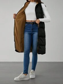 SHEIN Tall Zip Up Slant Pocket Drawstring Hooded Vest Padded Coat - Black - View 9