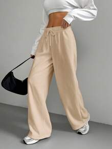 Muchica Women Casual Khaki Woven Drawstring Waist Wide Leg Pants - Khaki - View 1