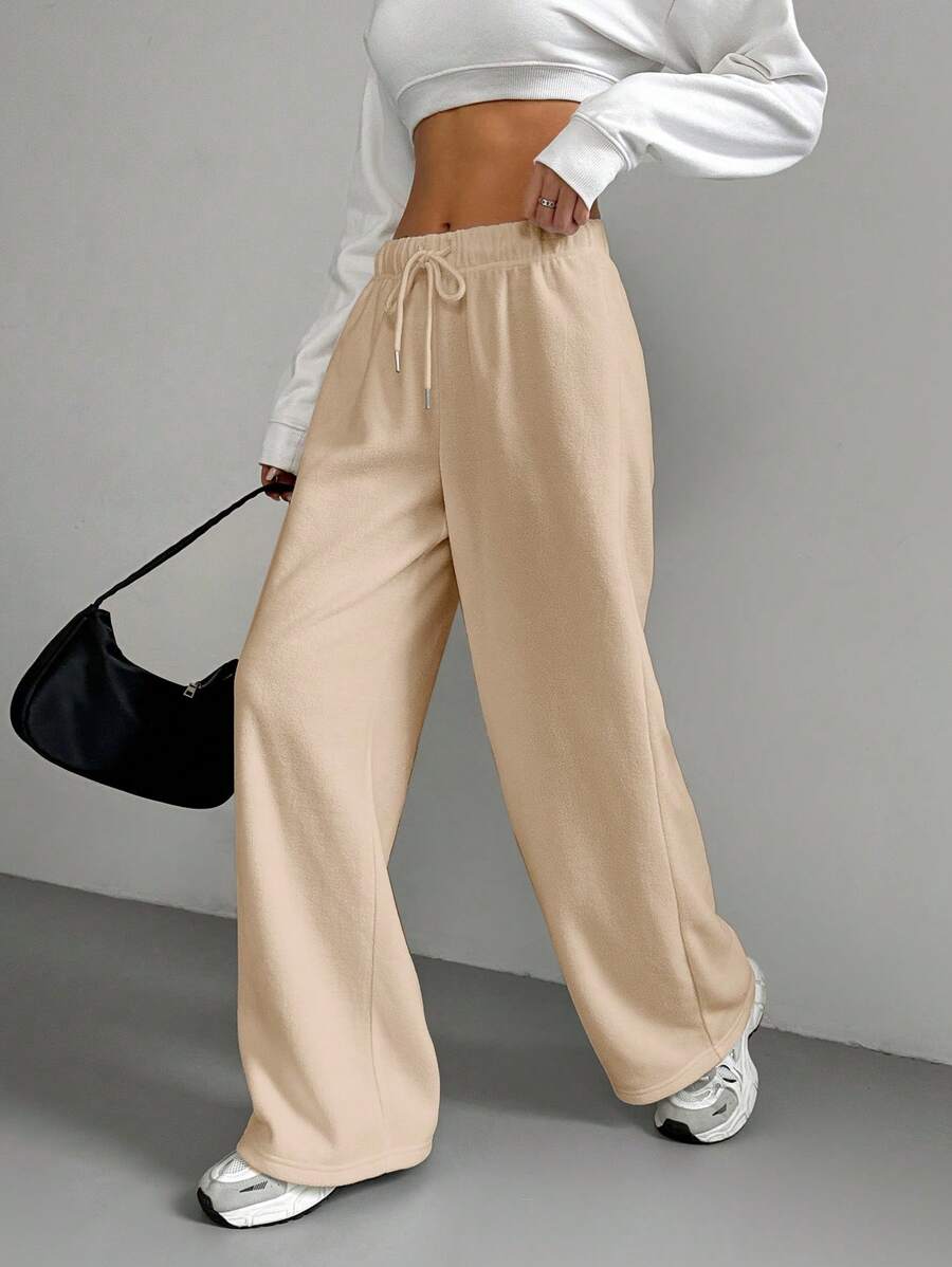 Muchica Women Casual Khaki Woven Drawstring Waist Wide Leg Pants - Khaki - View 1