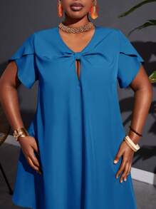 Slaydiva Plus Size Holiday Casual Loose A-Line Twist Knot Dress, Green, Non-Stretch Woven Fabric, Plus Size - Blue - View 5