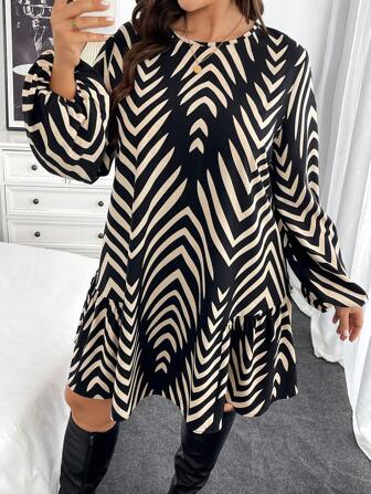 SHEIN Essnce Plus Size Kvinnor Höst Och Vinter Mode Fritidskläder Lös Bekväm Svart Kaki Geometriskt tryck Långärmad Klänning,Höstkläder,Vinterkläder,Curv Klänning,Boho,Eleganta Kvinnor Klänningar,Semesterklänning,Arbetsklänning,Kvinnor sommar Outfit