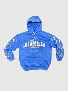 ROMWE MEN Prep Men's Autumn Letter & Pentagram Print Drawstring Hoodie And Pants Casual 2pcs Set - Blue - View 3