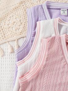 SHEIN 3 件装女婴针织提花心形和蝴蝶结装饰背心套装，休闲英式风格中等重量，适合搭配连衣裙或衬衫作为外套，春秋季 - 彩色 - 查看 7