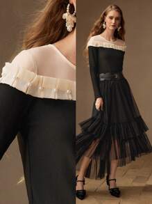 MOTF PREMIUM CONTRAST YOKE FAUX PEARL FRILL TRIM SLIM FIT TOP - Black - View 9