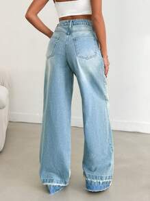 RueChic 女士高腰口袋直筒宽松休闲百搭牛仔裤 - 中等水洗藍 - 查看 2